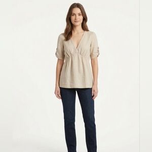 Banana Republic Beige 100% Linen Empire Waist V-Neck Tunic Blouse Top Size M